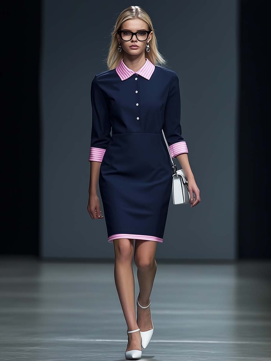 Elegant Commuter Pink Striped Shirt Collar Contrast Navy Blue Mini Dress