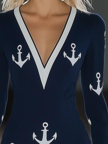 Elegant Anchor Print Navy Long Sleeve Mini Dress