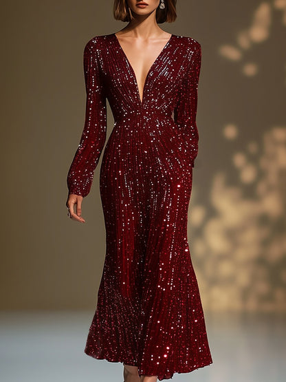 High-End And Elegant V-Neck Sequined Burgundy Dress