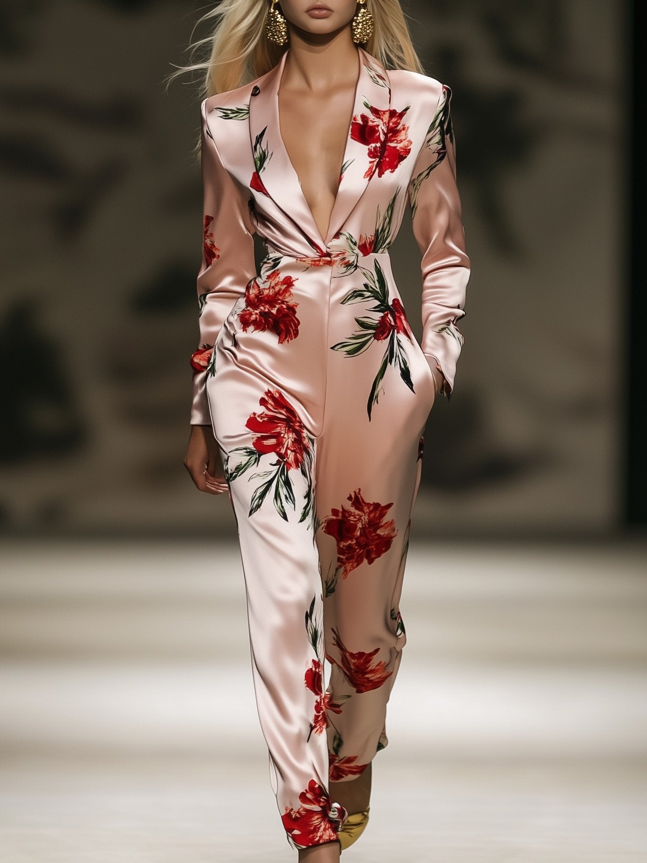 High-End Printed Satin Pink Long-Sleeved Jumpsuit