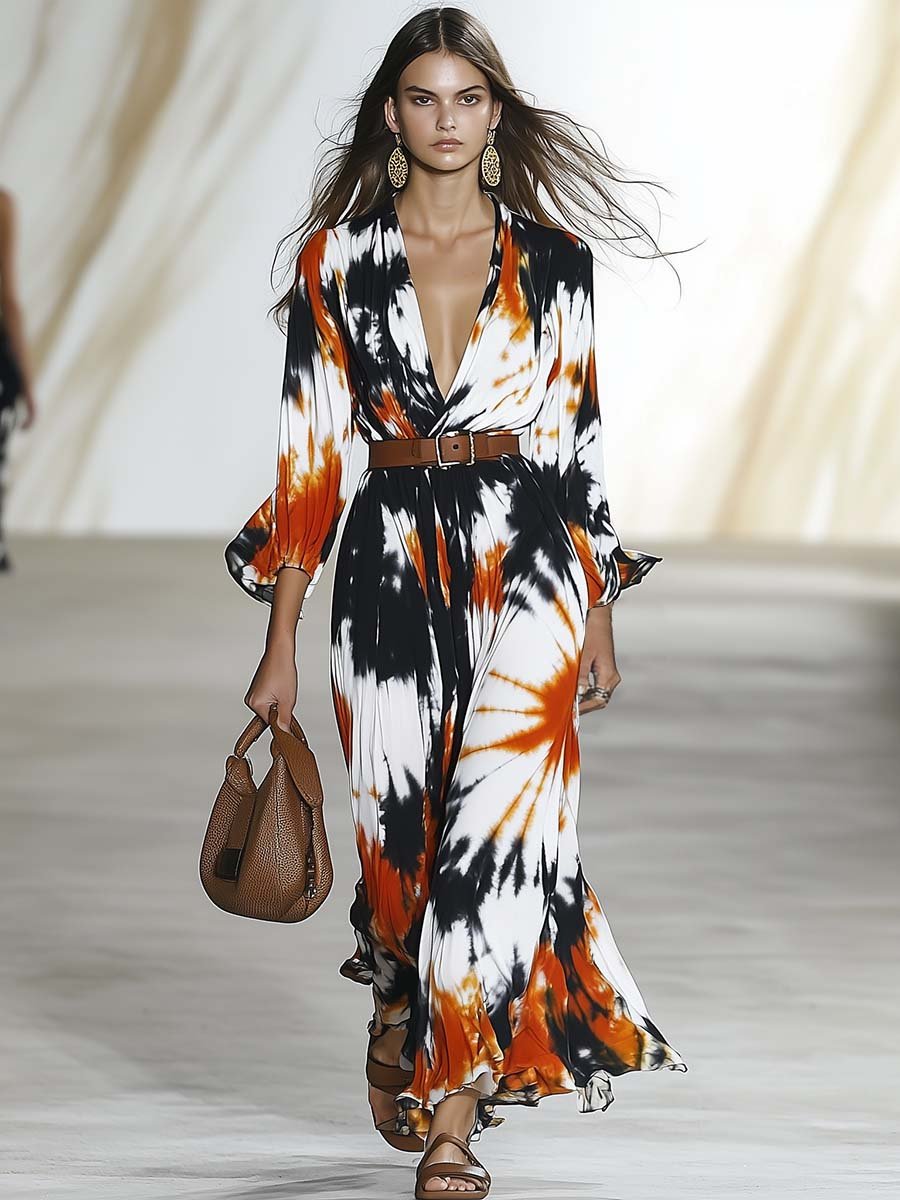 Elegant and Casual V-neck Belt Orange and Black Tie-dye Maxi Dress