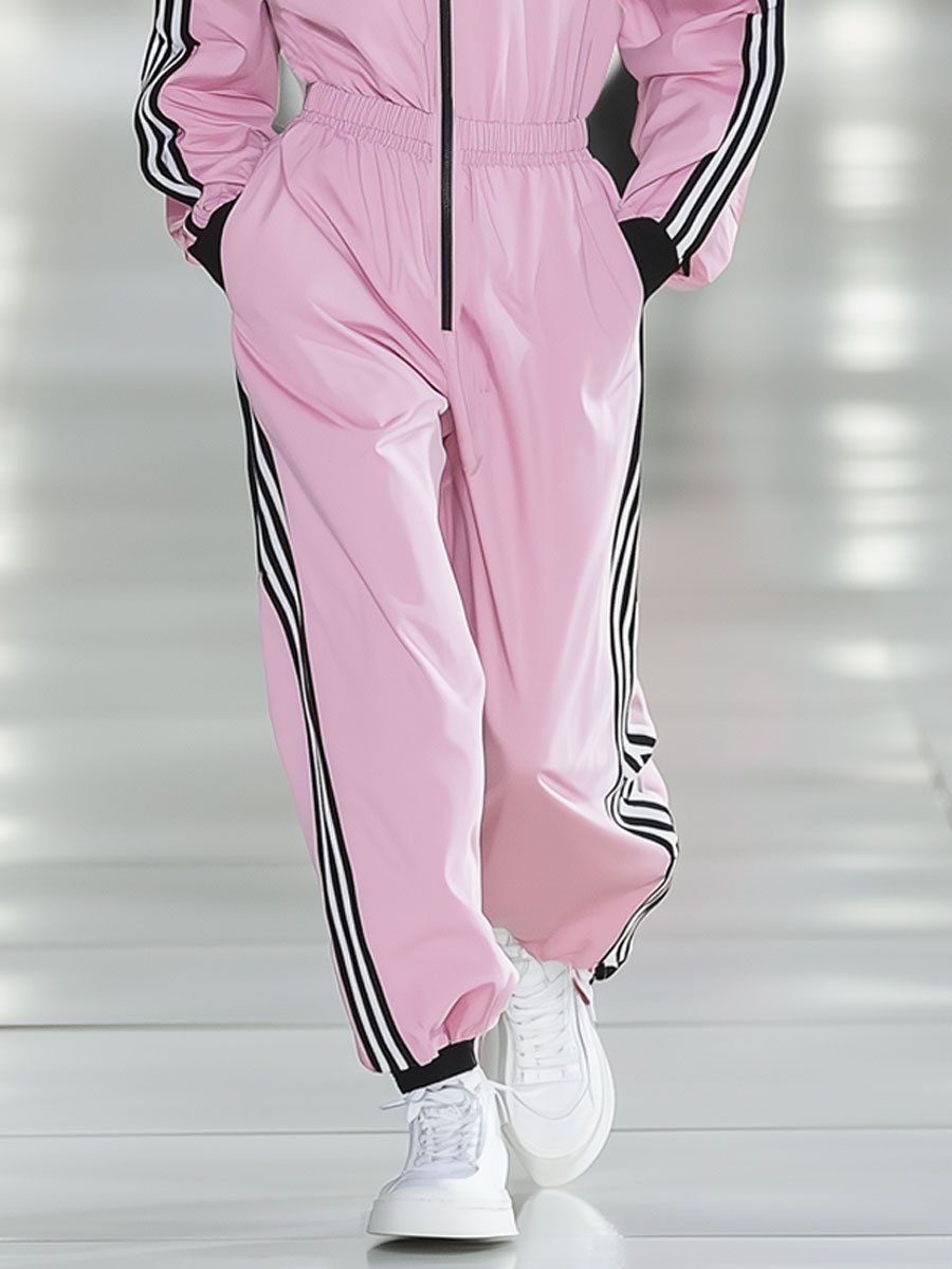 Loose Fit Striped Trim Pink Sailboat Print Long Sleeve Sports Jumpsuit