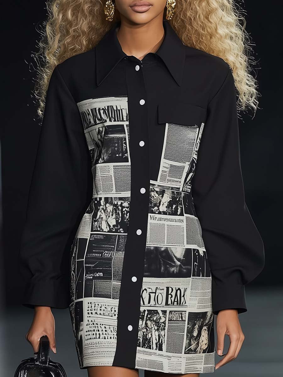 Fashion Deconstruction Black and White Newspaper Print Shirt-style Mini Dress