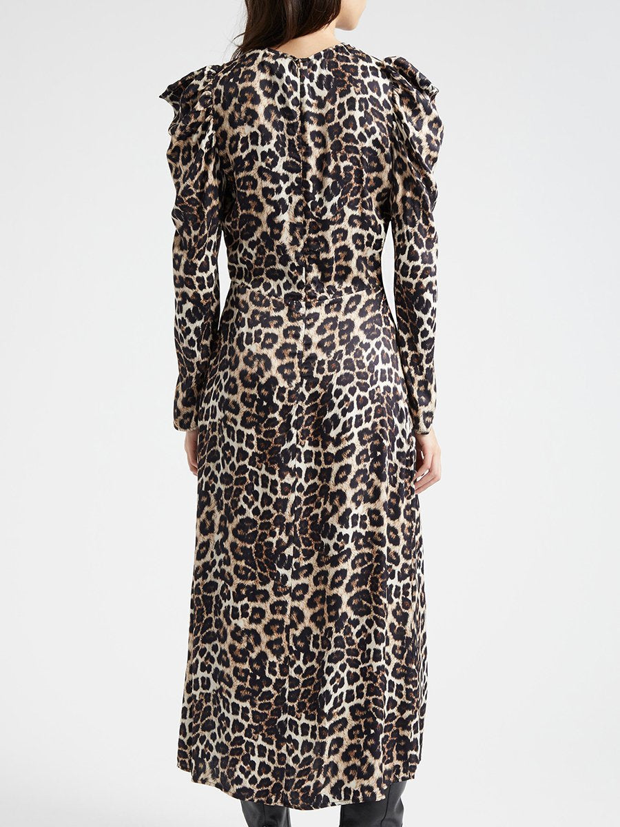 Retro Elegant Fashion Puff Sleeve V-Neck Leopard Print Maxi Dress