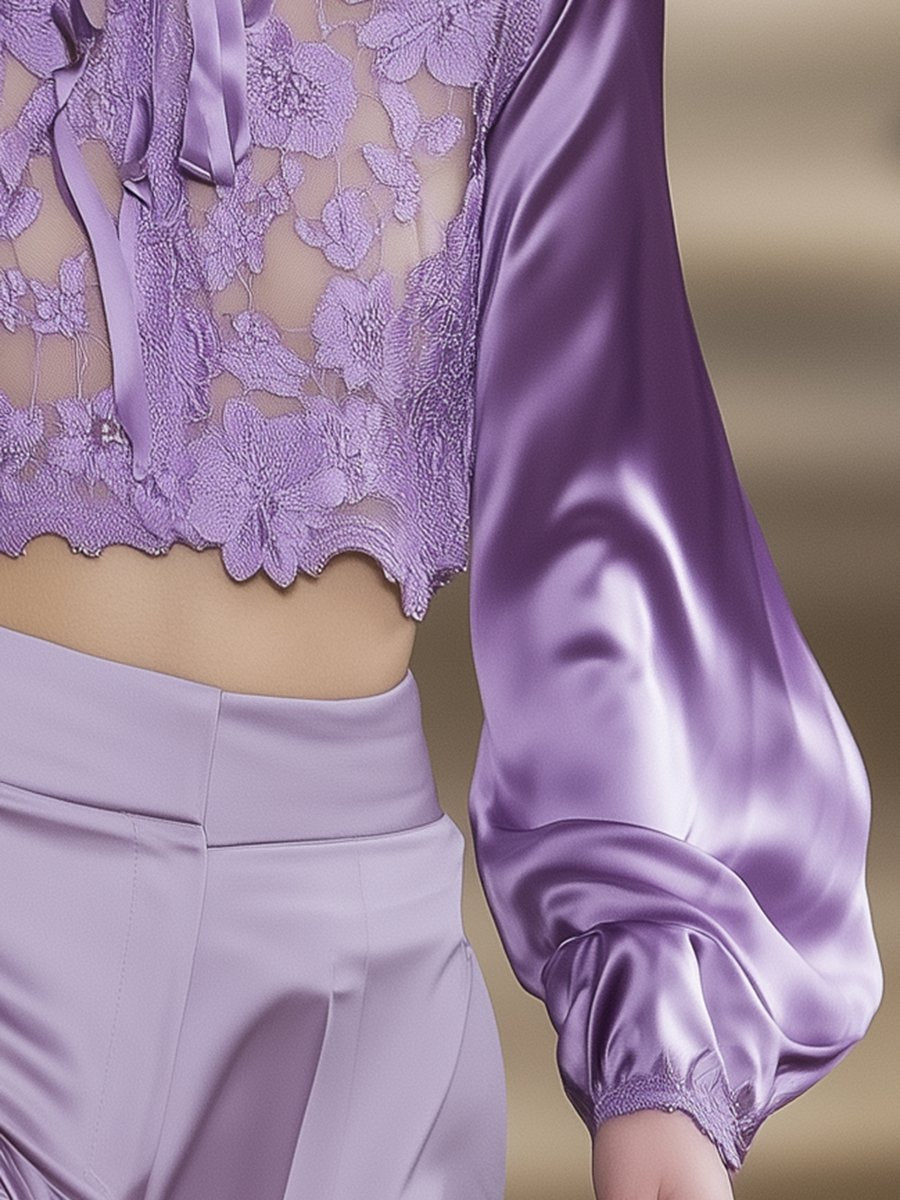 Elegant Purple Lace Splicing Satin Puff Sleeve Top