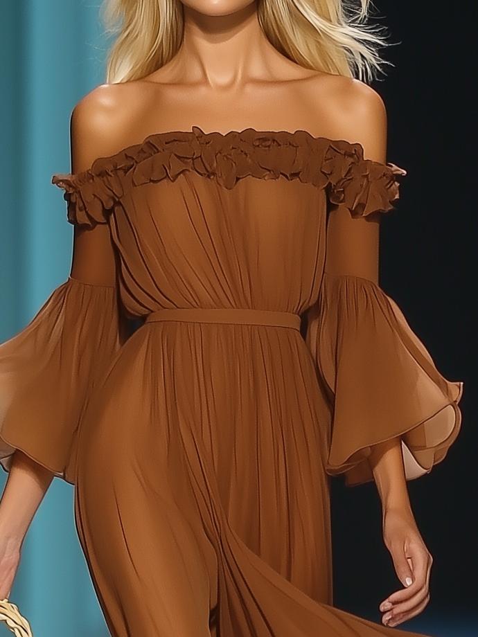 Elegant Ruffled One-Shoulder Chiffon Brown Long-Sleeved Maxi Dress