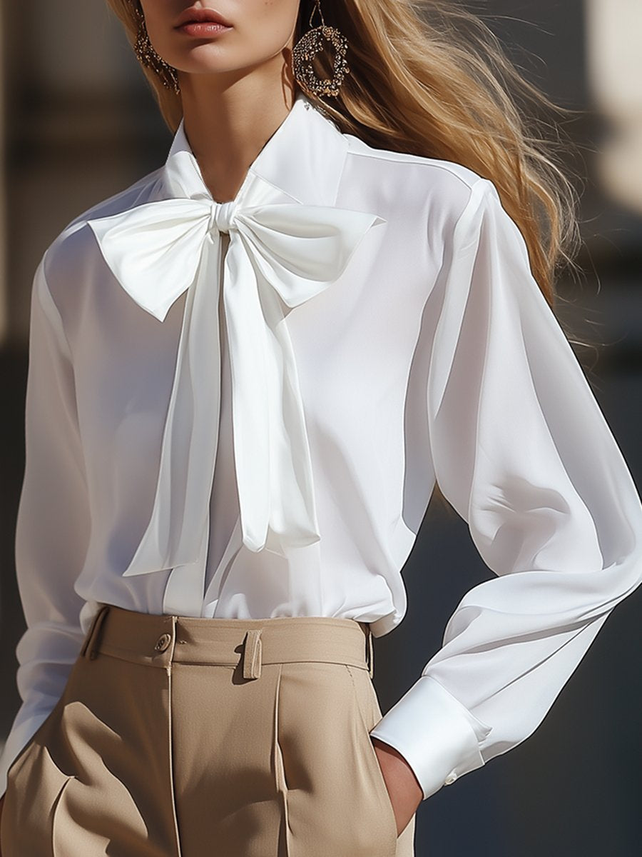 Elegant And Flowing Bow Tie White Chiffon Shirt