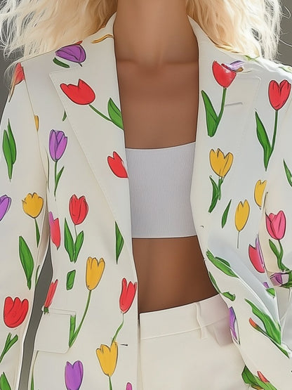 Colorful Tulip Flower Print White Lapel Blazer