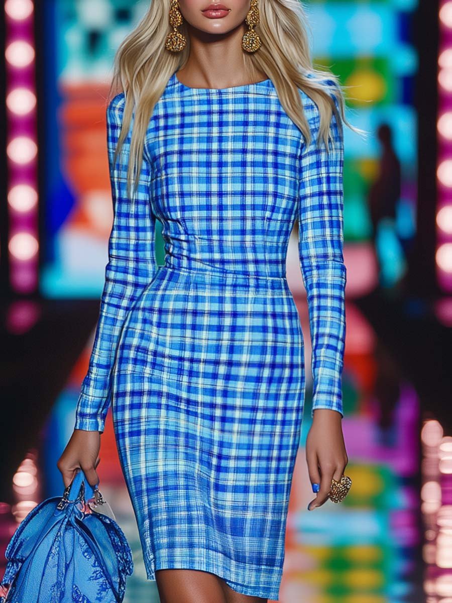 Fashion Round Neck Slim Blue Plaid Mini Dress