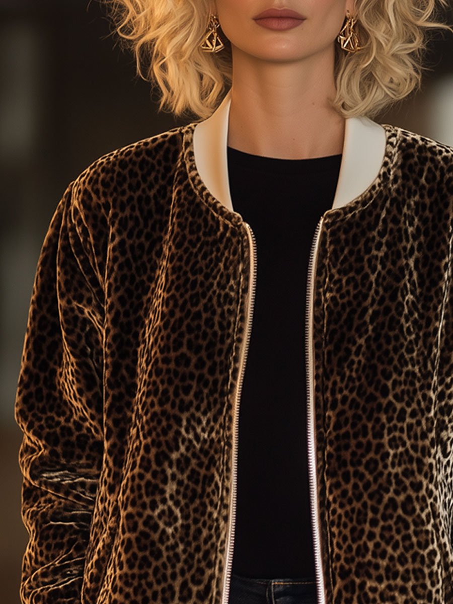 Casual Loose Velvet Leopard Print Ribbed Zipper Bomber Jacket