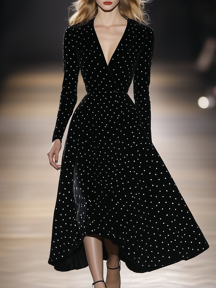 High-End Fashionable And Elegant Polka Dot A-Line Velvet Midi Dress