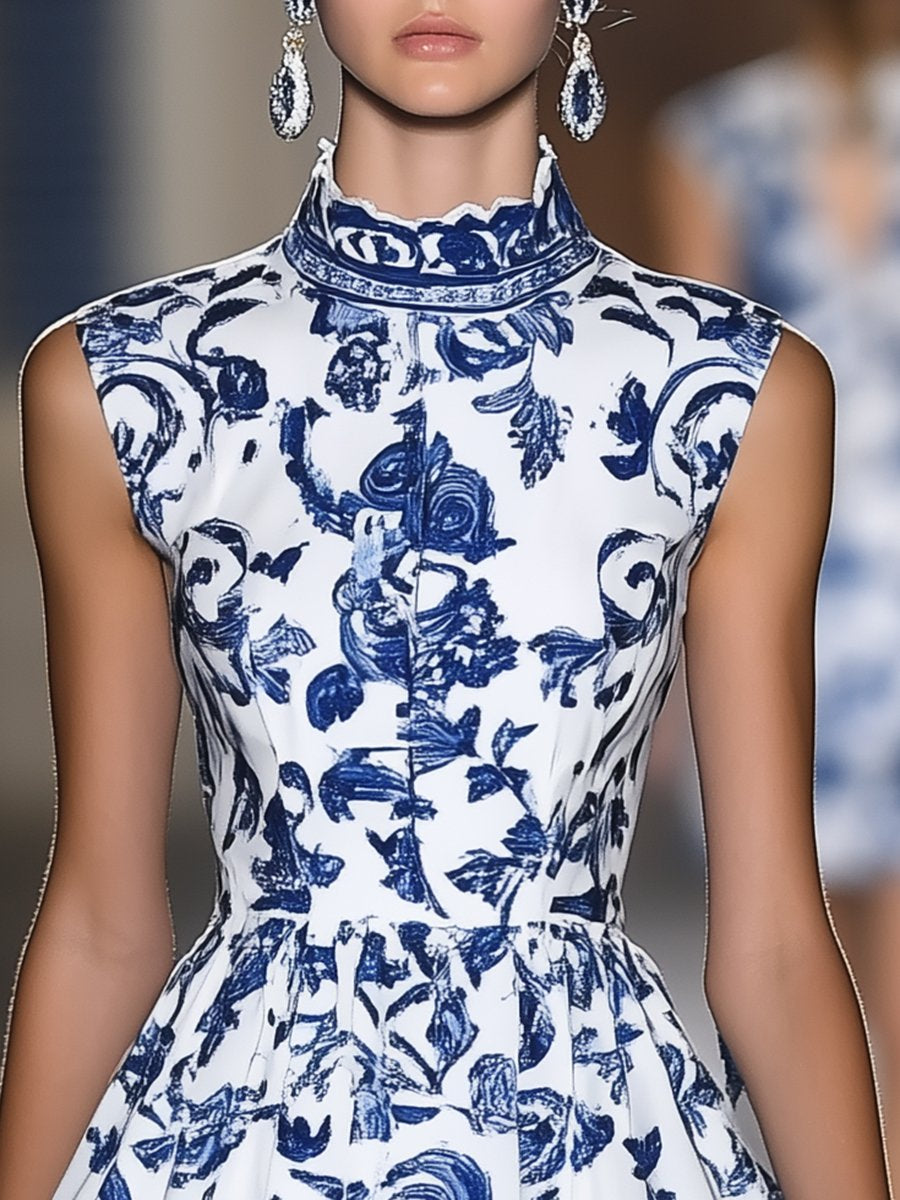 Elegant Half-high Collar Blue and White Porcelain Print Satin Sleeveless Mini Dress