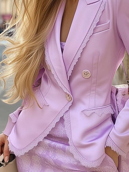 Gentle and Elegant Lace Trim Lilac Satin Blazer