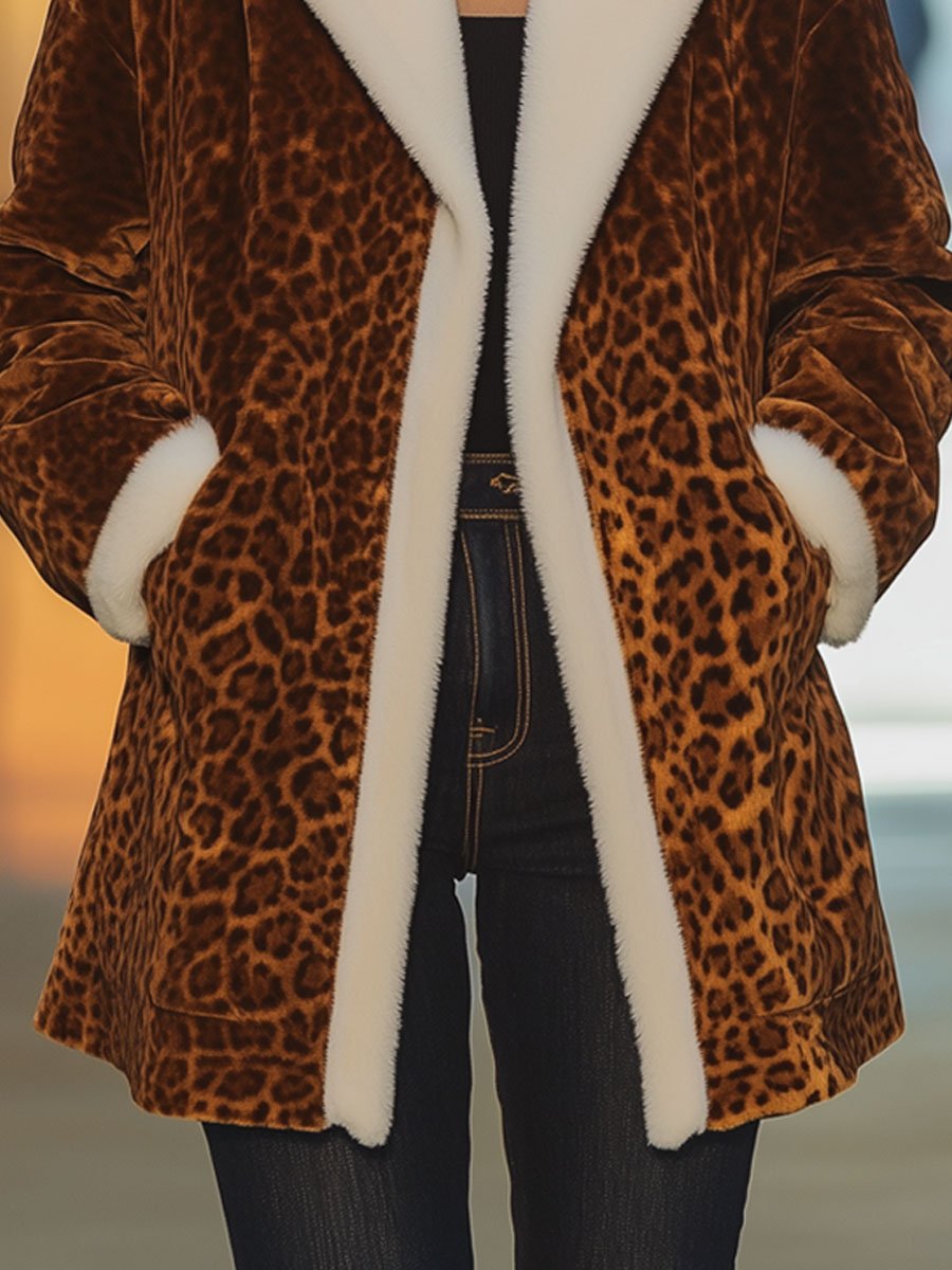 Casual Loose Retro Velvet Leopard Print Lamb Wool Patchwork Coat