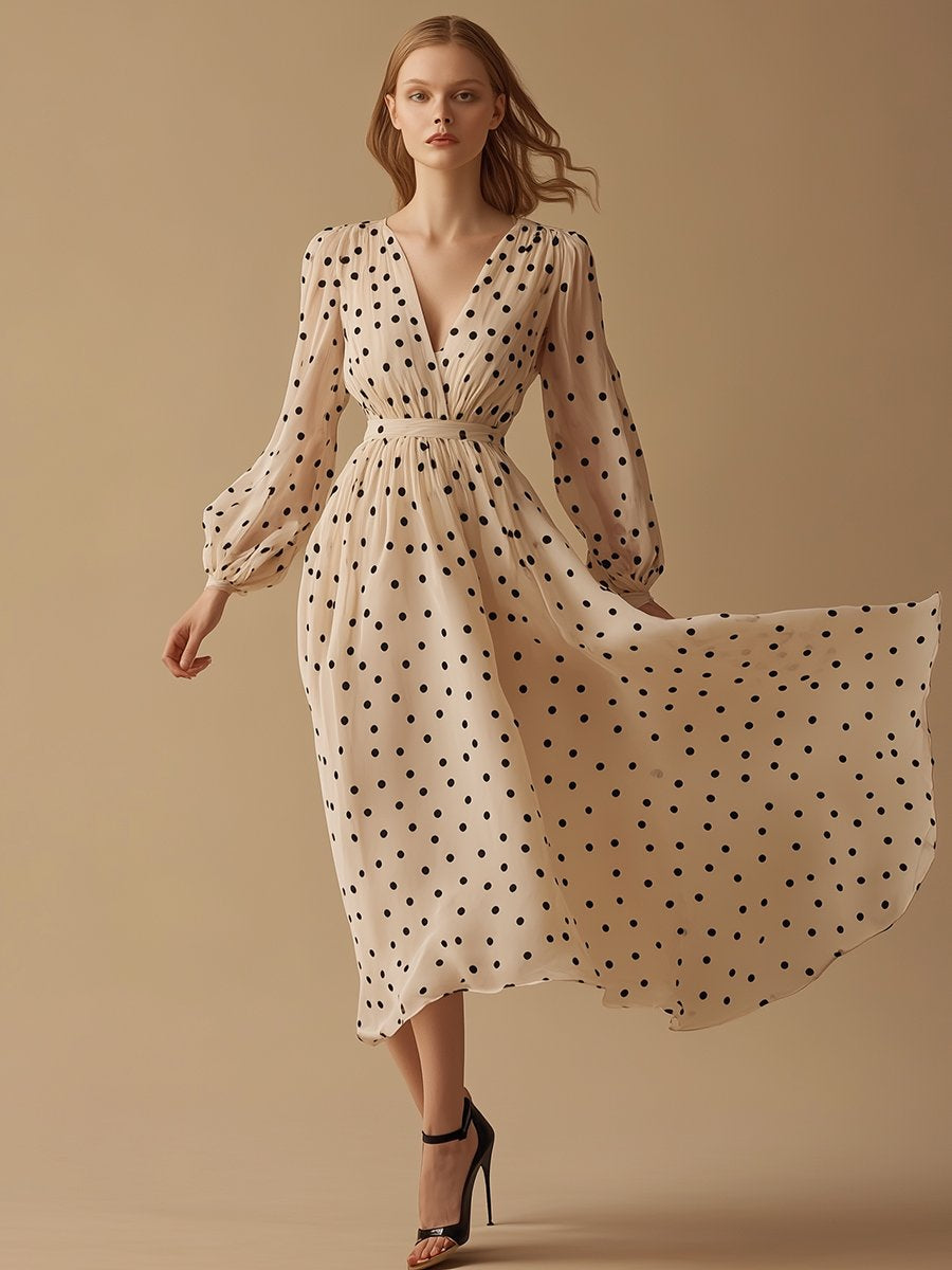 Romantic Polka Dot V-neck Beige Long Sleeve Maxi Dress