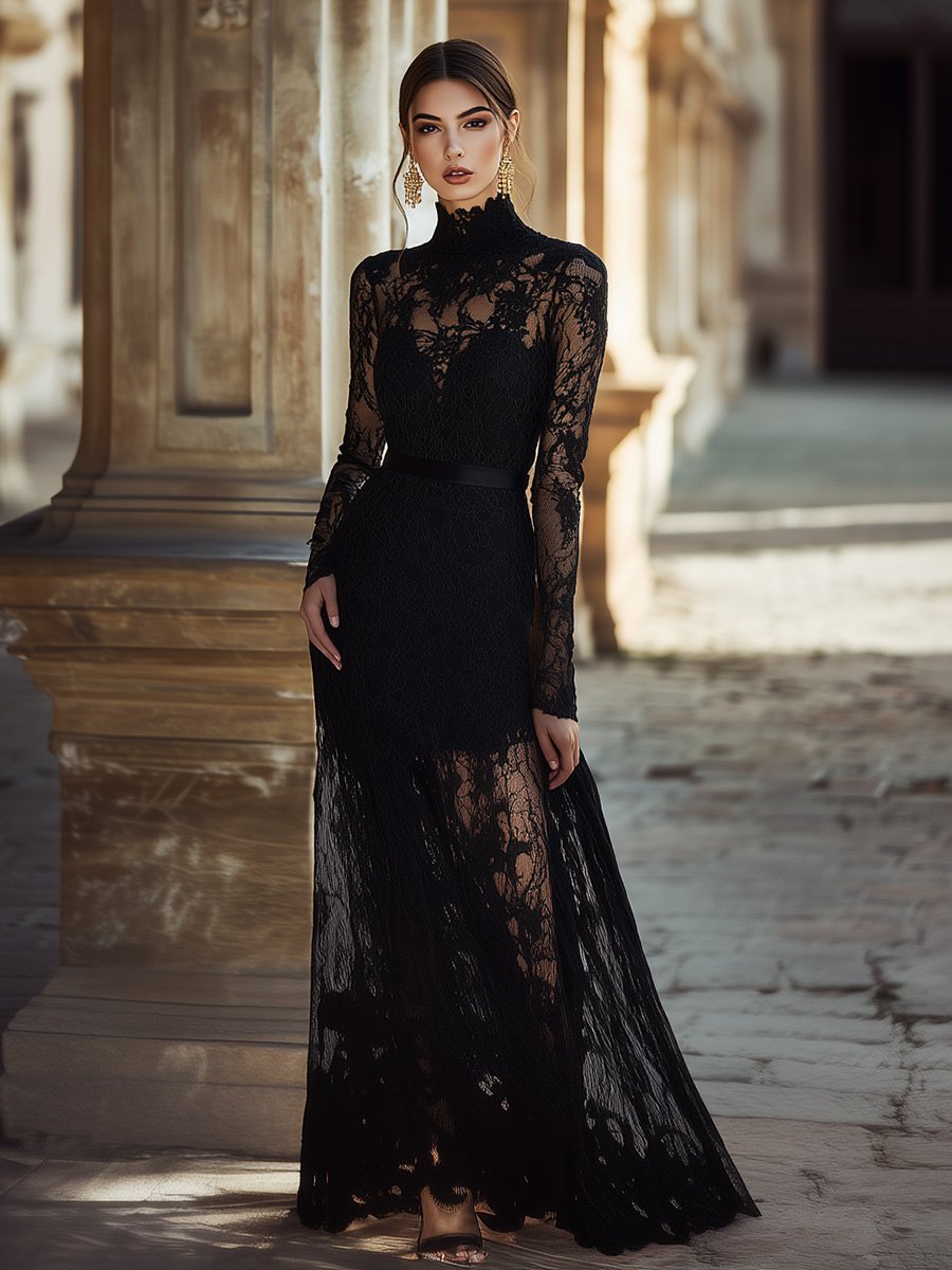 Elegant Unique Evening Dress High Collar Black Lace Maxi Dress