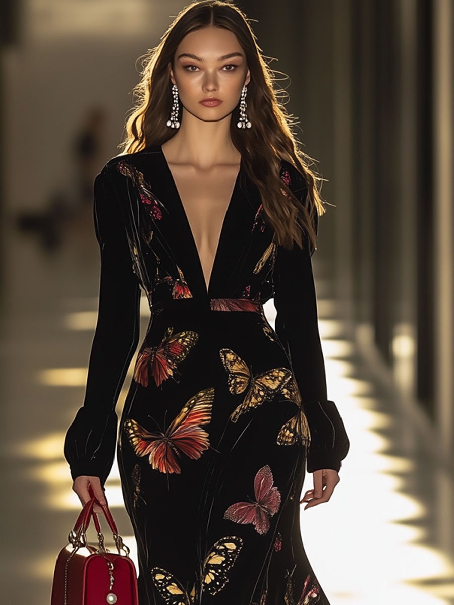 Fashion Retro Black Velvet Butterfly Print V-Neck Long Sleeve Maxi Dress