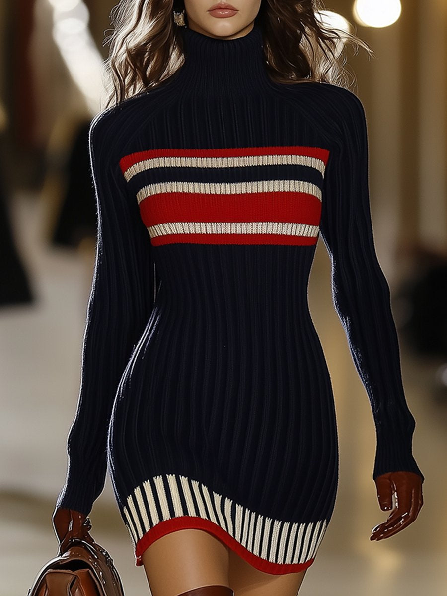 【24-hour shipping out】Retro French Elegant Fashionable High Collar Red And White Striped Dress