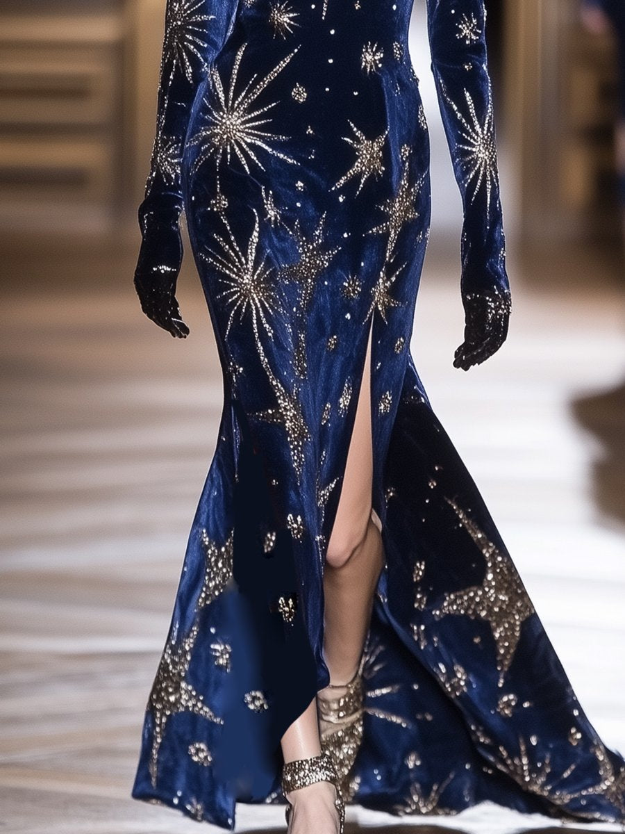 Fashionable Metallic Print Dark Blue Velvet Long-sleeved Slit Maxi Dress