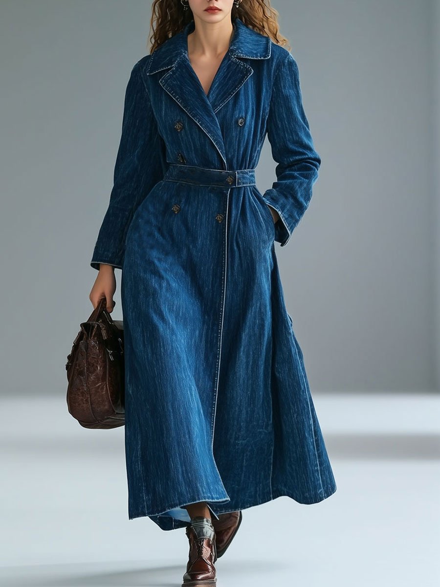 Casual Loose Retro Lapel Tie Double-Breasted Denim Trench Coat