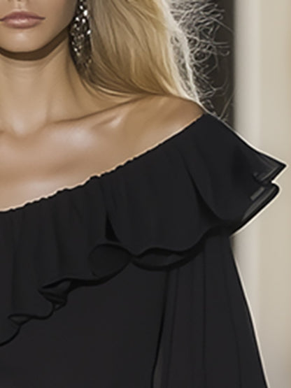 Fashionable And Elegant One-Shoulder Ruffled Chiffon Top