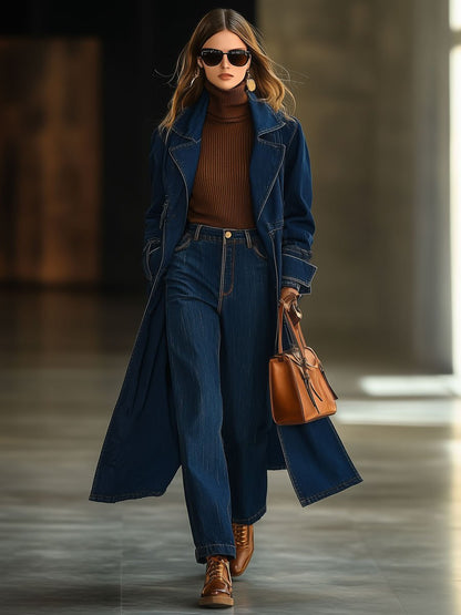 Casual Loose Retro Lace-Up Ultra-Long Dark Blue Denim Trench Coat