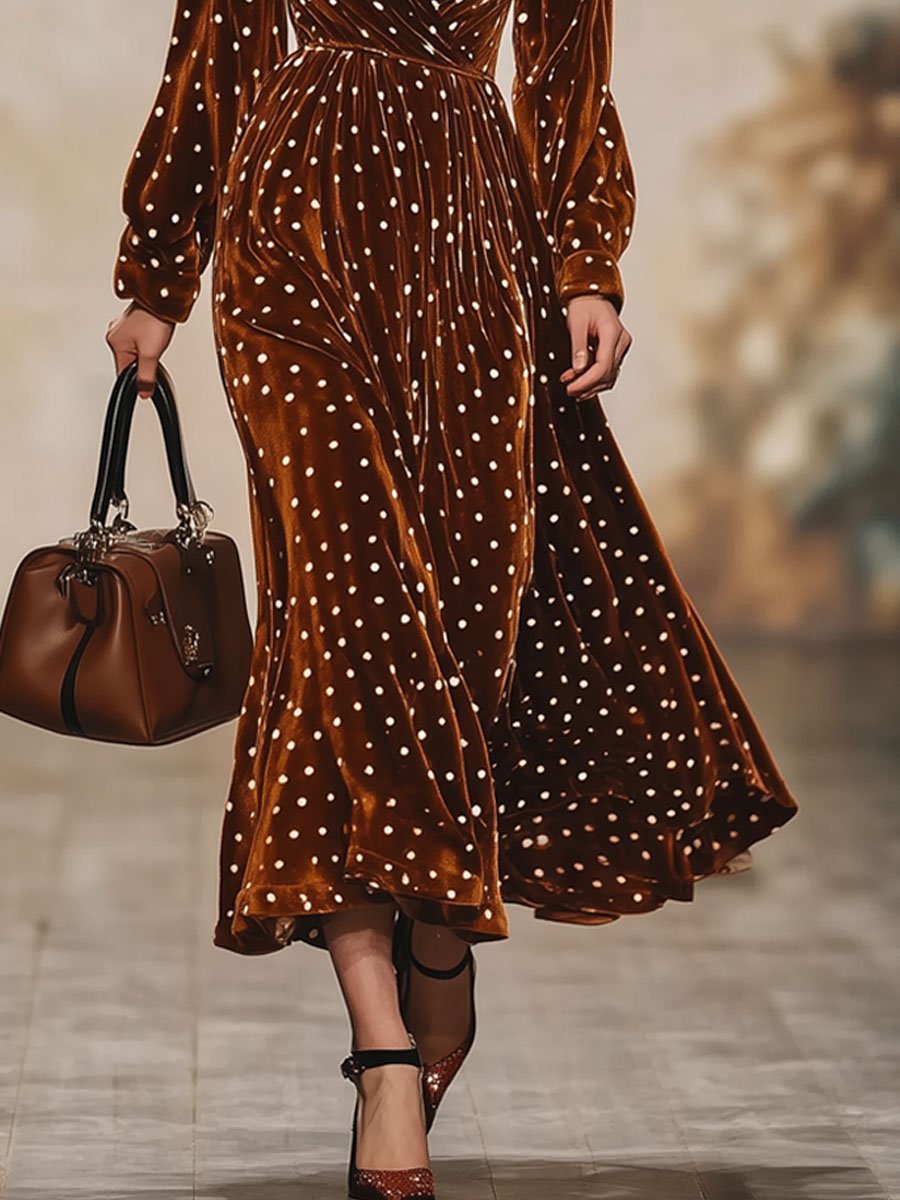 Loose Retro Velvet Polka Dot V-Neck Long Sleeve Midi Dress