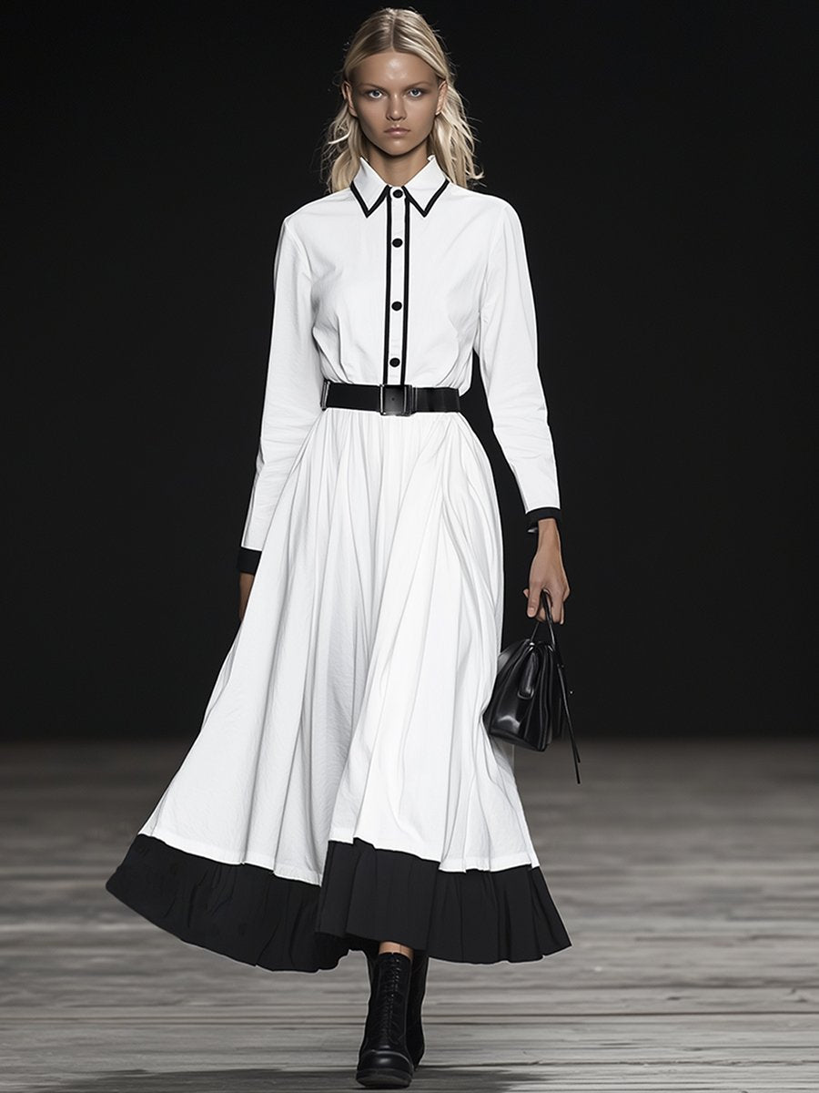 Elegant Hemmed Cotton Long Sleeve Midi Dress