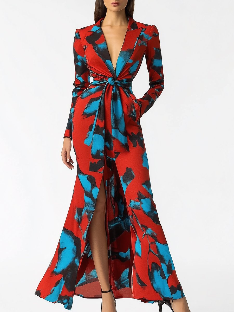 Fashionable Blue Abstract Print Red Lapel Chiffon Maxi Dress