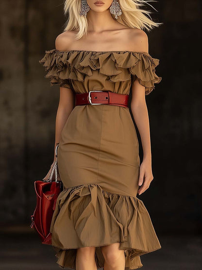 Fashion Personality Off-shoulder Fishtail Ruffled Khaki Midi Dress