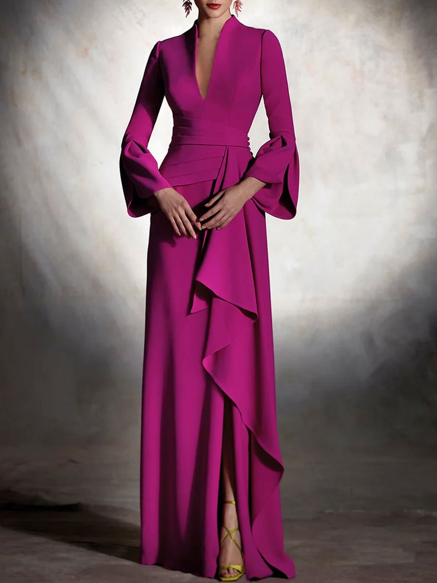 Fashion Party V-neck Pleated Trumpet Long Sleeve Maxi Dress