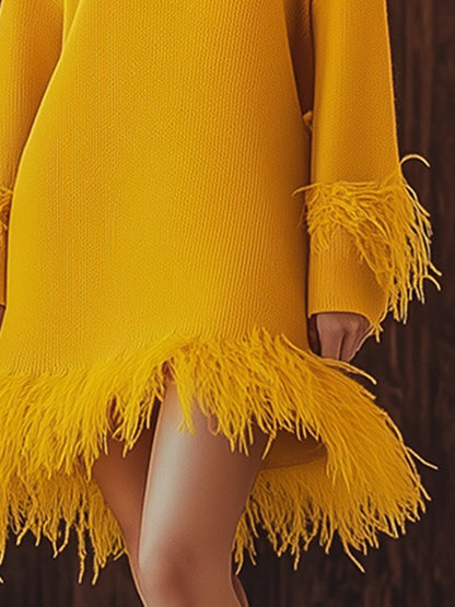 High-End Loose Fashionable Elegant Stitching Feather Knitted Dress