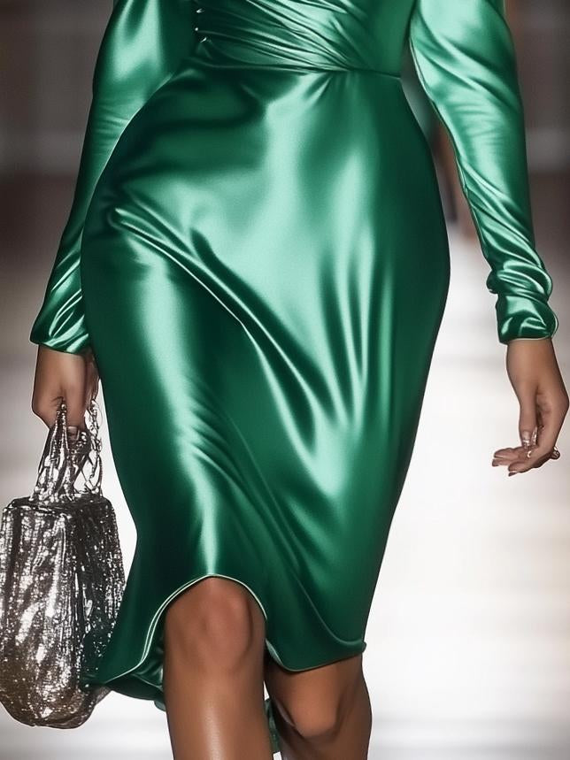 Designer Emerald Green Satin Long Sleeve Midi Dress