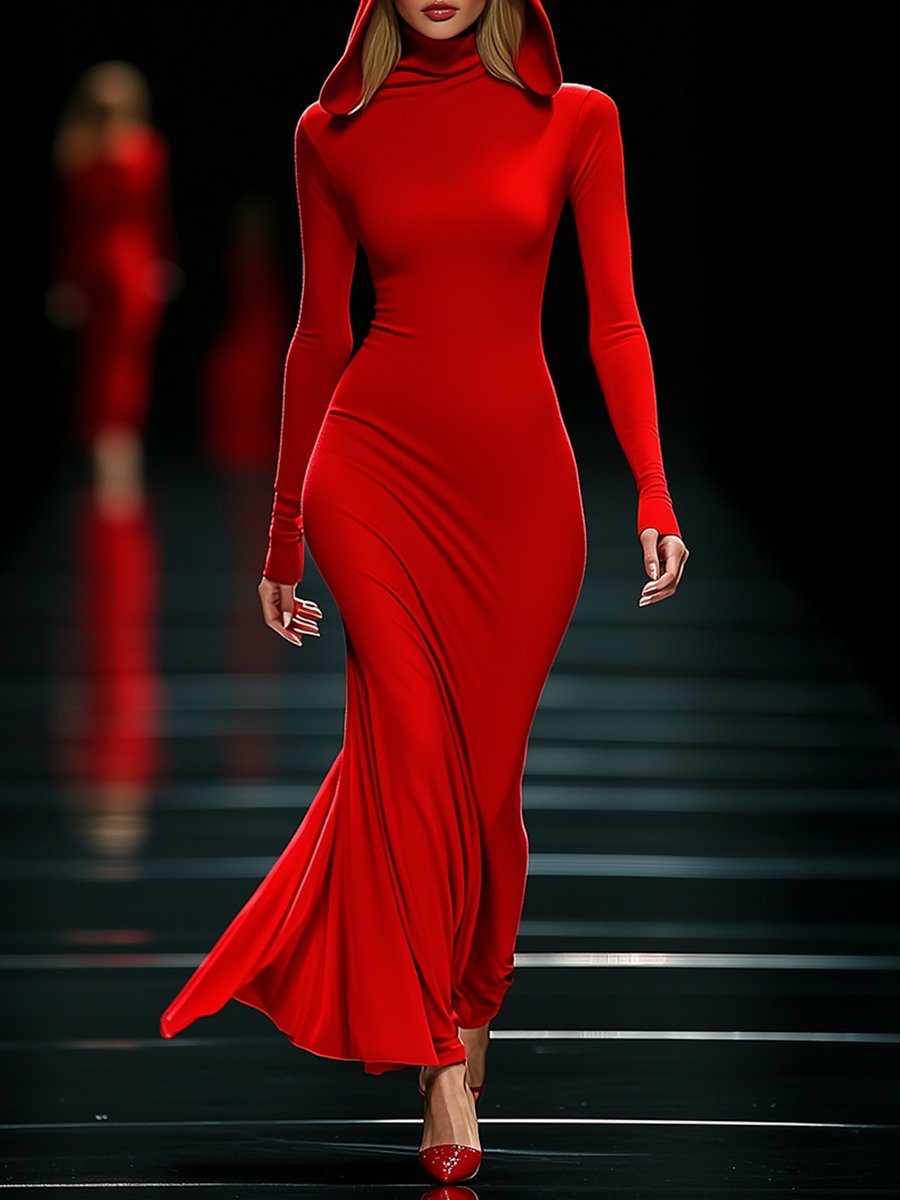 High-end Elegance Slouchy Hooded Red Maxi Dress