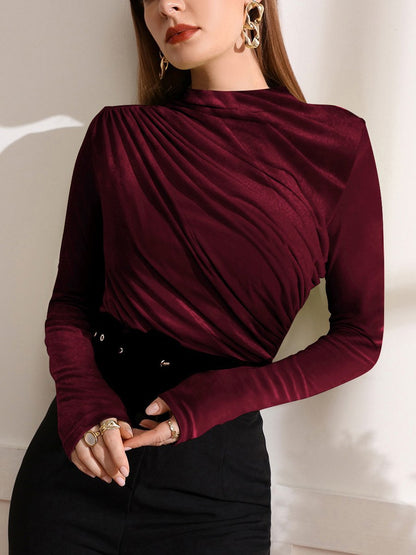 Velvet Pleated Half Turtleneck Long Sleeve Bottoming Shirt