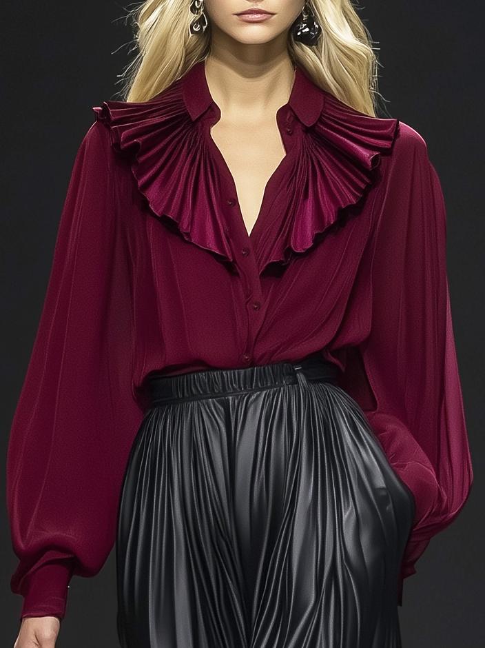 Elegant Lapel Ruffled Neckline Burgundy Chiffon Long-Sleeved Shirt