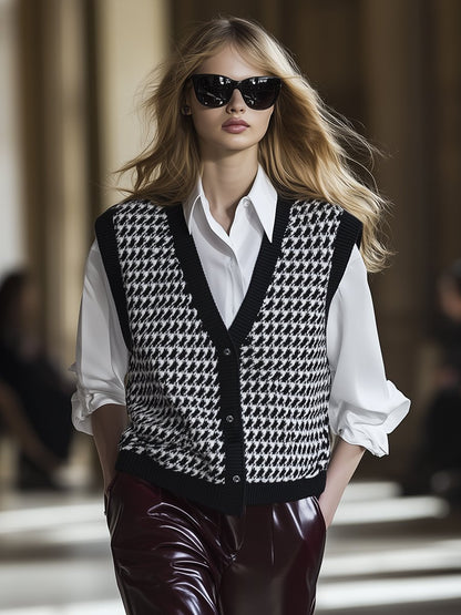 Retro Loose Fashion V-Neck Houndstooth Knitted Button Vest