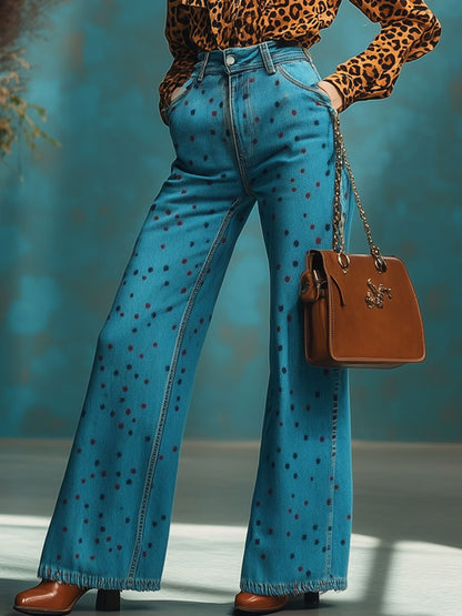 Casual Loose Retro Colorful Polka Dot Print Jeans