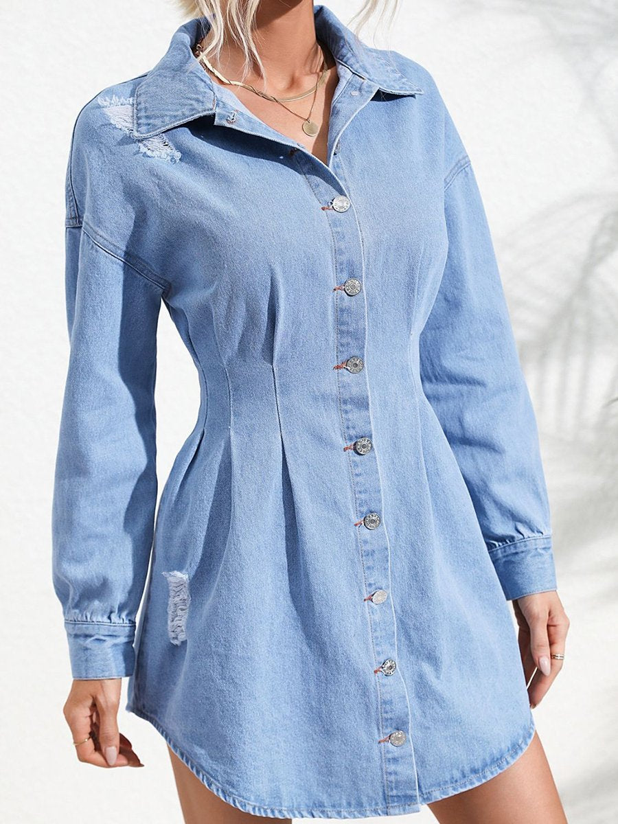 Casual And Stylish Waist Denim Shirt Mini Dress