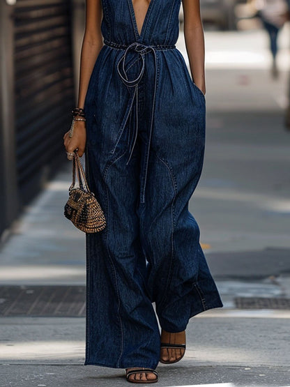 【24-hour shipping】V-Neck Retro Casual Elastic Waist Sleeveless Wide-Leg Denim Jumpsuit