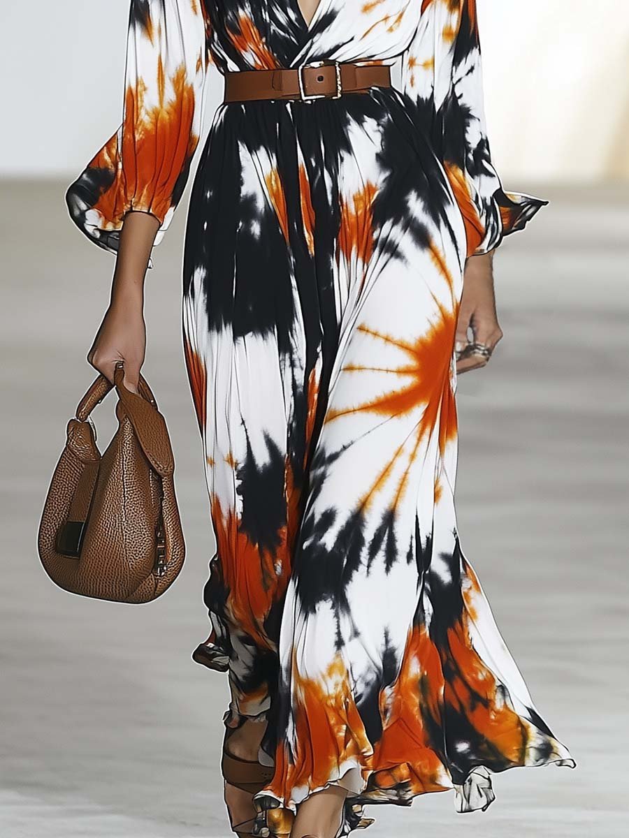 Elegant and Casual V-neck Belt Orange and Black Tie-dye Maxi Dress