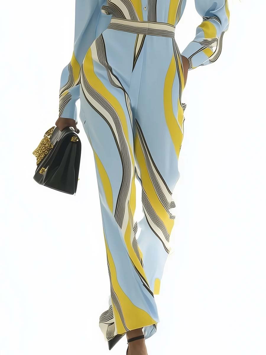 Personalized Commuter Lapel Sky Blue Striped Print Jumpsuit