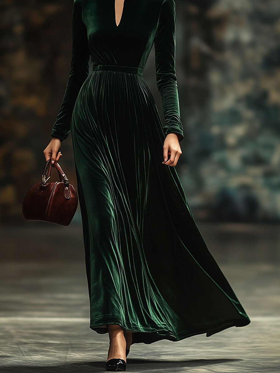 【24-hour shipping】Round V-neck Fashion Party Holiday Solid Color Velvet Long Sleeve Maxi Dress