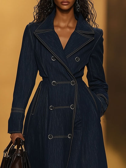 Casual Vintage Double Breasted Denim Long Sleeve Dress Style Trench Coat