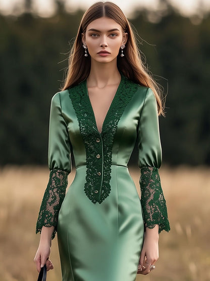 Retro Party Green Lace Satin V-Neck Long Sleeve Midi Dress