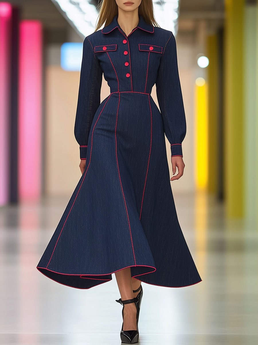 Retro Fashion Long Sleeve Navy Denim Red Topstitched Shirt Midi Dress