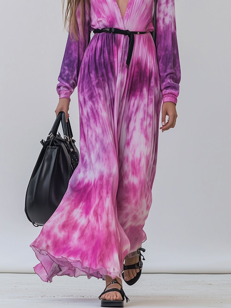 Fashion Holiday Pink Tie-Dye V-Neck Long-Sleeved Maxi Dress