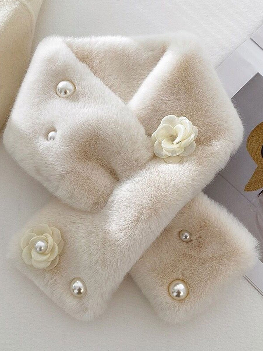 Solid Color Pearl Warm Faux Rabbit Fur Cross Scarf