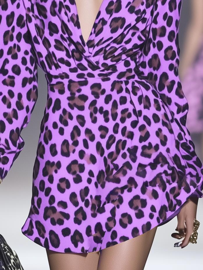 Trendy Purple Leopard Print V-Neck Long Sleeve Mini Dress