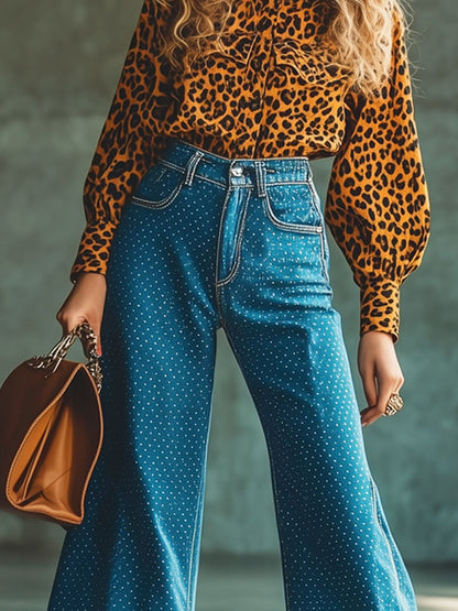 Relaxed Fit Vintage Polka Dot Print Jeans